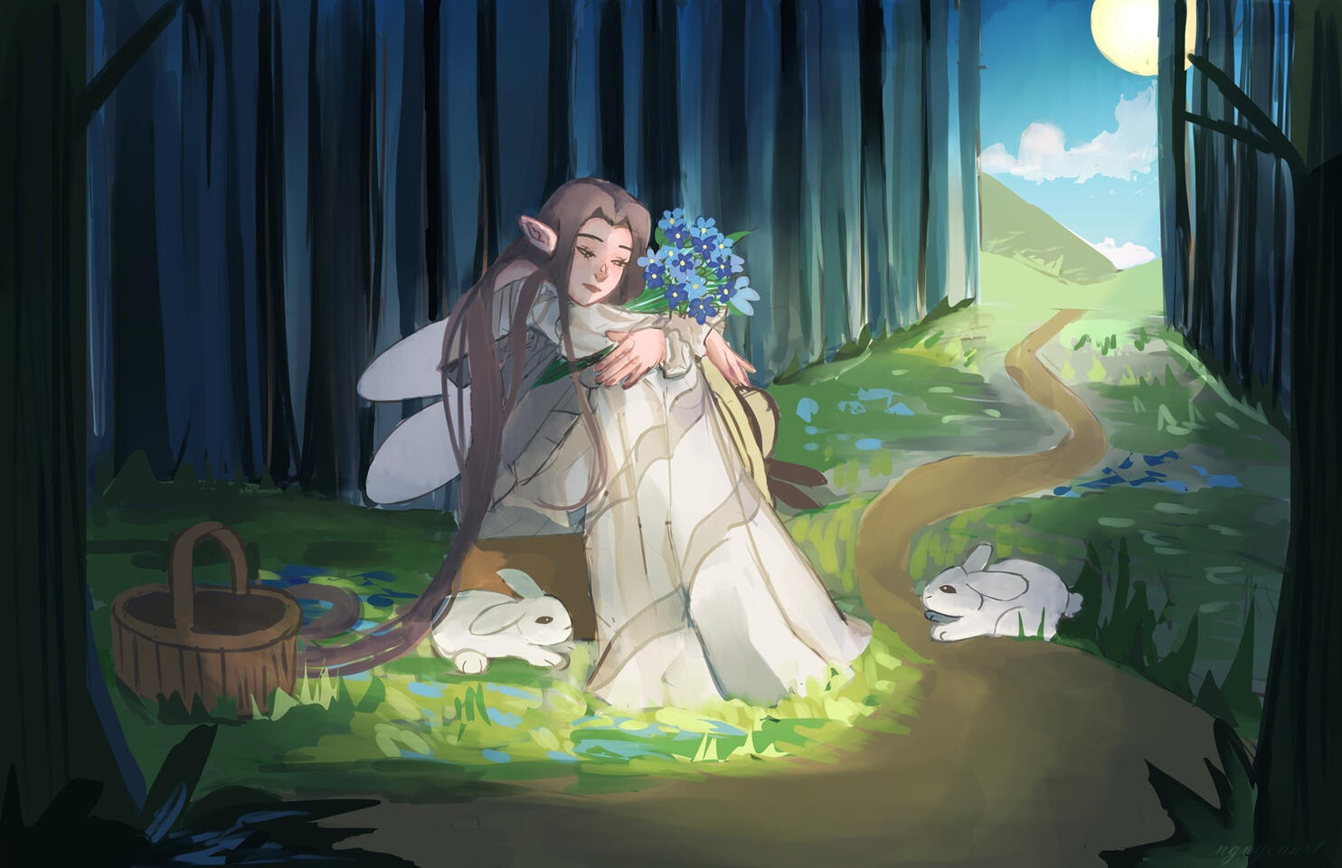 "forget me not"; An original illustration of a fairy with a bouquet of forget-me-nots as she grieves for her lover. This character's also featured in my personal project, "Mystical Misfits". "forget me not"; An original illustration of a fairy with a bouquet of forget-me-nots as she grieves for her lover. This character's also featured in my personal project, "Mystical Misfits".