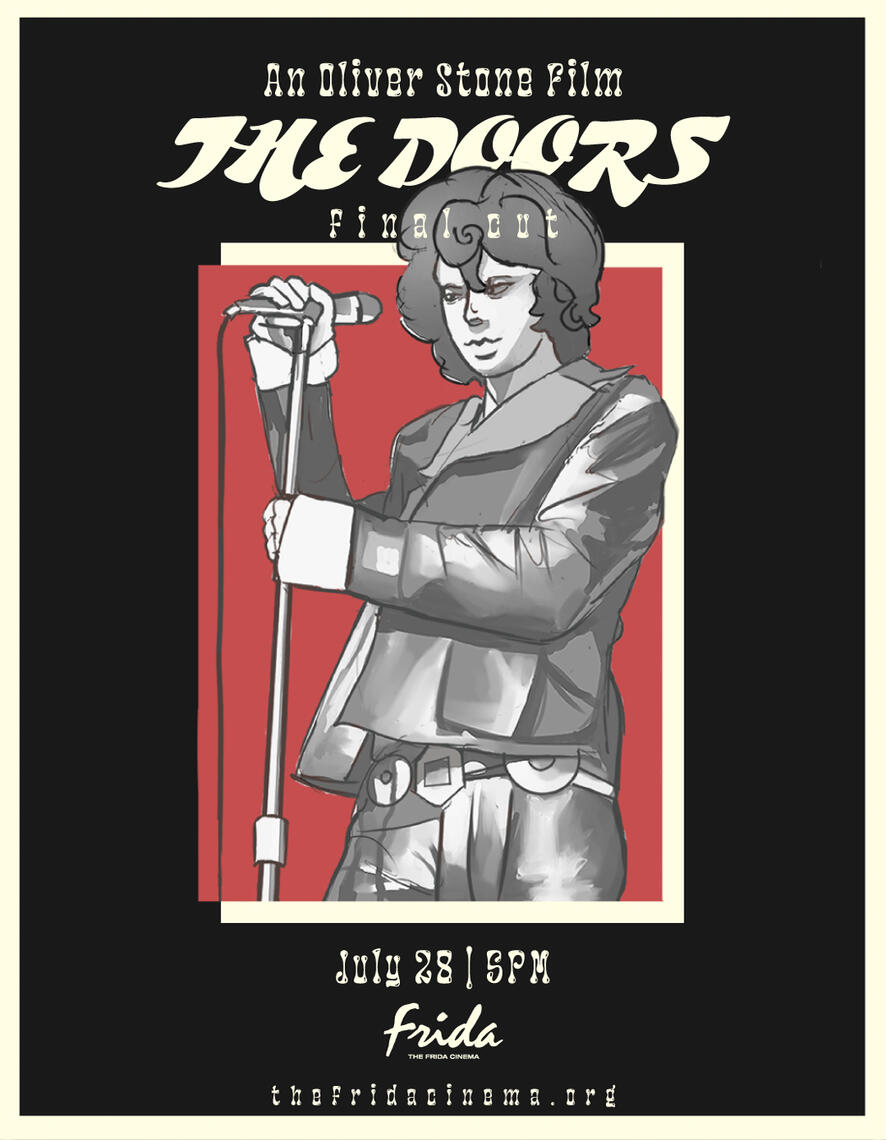 "The Doors"; A graphic for the 1991 movie directed by Oliver Stone which tells the story of Jim Morrison (Val Kilmer), the frontman of the '60s American rock band, "The Doors".